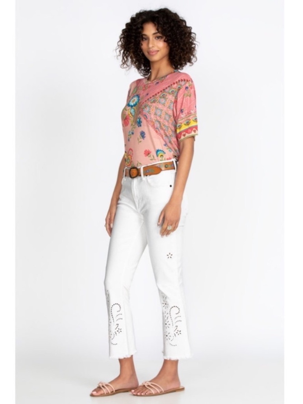 Johnny Was Jeans The Cropped Baby Boot Embroidered Eyelet Flare Boho White 30 - Picture 2 of 15